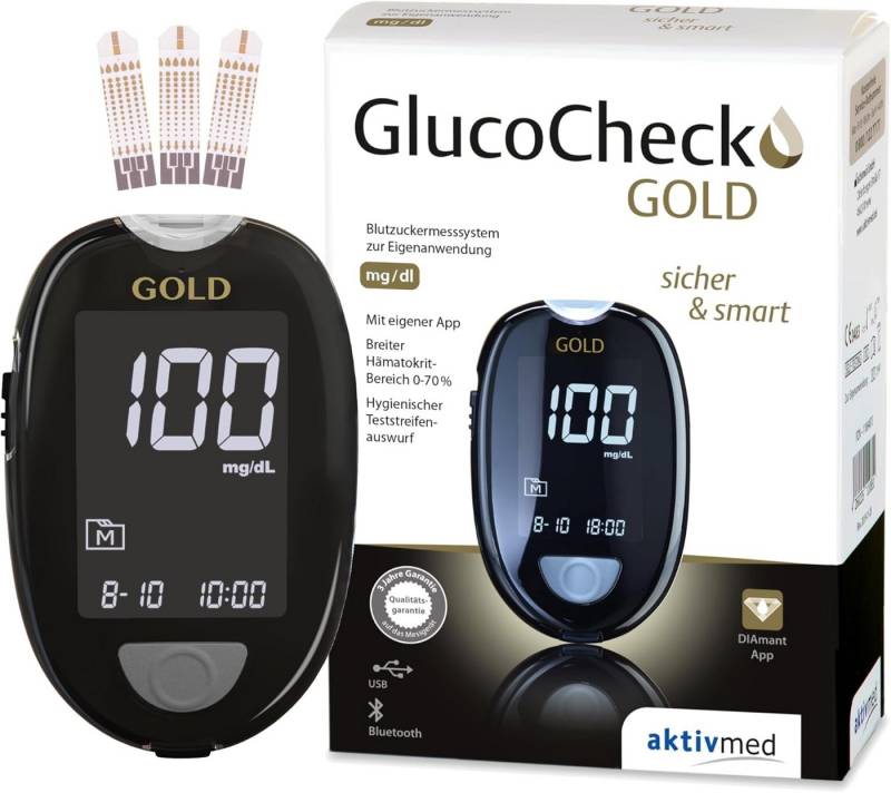 GlucoCheck Blutzuckermessgerät GlucoCheck Gold mgdl oder mmol, Spar-Set, Diabeteskontrolle, Smartes Messgerät, Teststreifeneinschub beleuchtet, Bluetooth und USB-Schnittstelle von GlucoCheck