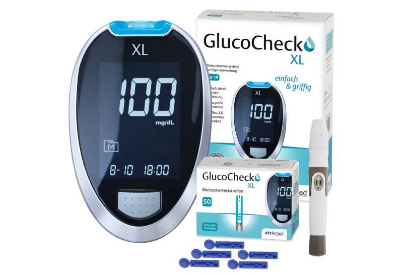 GlucoCheck Blutzuckermessgerät aktivmed GlucoCheck XL, Starter-Set mit 60 Streifen, Keton-Warnung von GlucoCheck