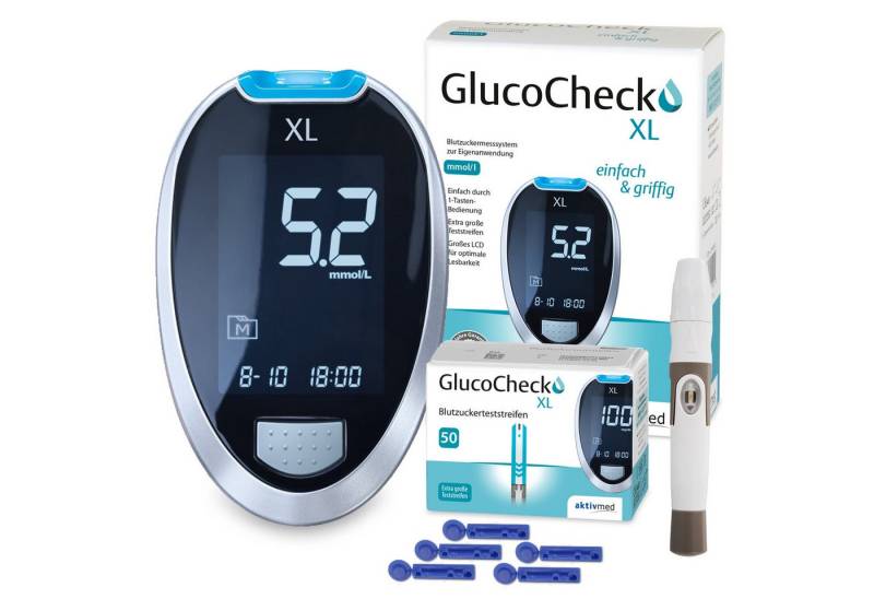 GlucoCheck Blutzuckermessgerät aktivmed GlucoCheck XL, Starter-Set mit 60 Streifen, Keton-Warnung von GlucoCheck