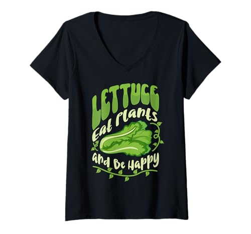 Damen Salat Essen Pflanzen und sei glücklich T-Shirt mit V-Ausschnitt von Glückliche Pflanzen