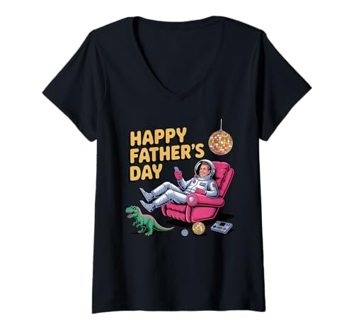 Damen Happy Vaters Day Time Travel Papa Modus aktiviert T-Shirt mit V-Ausschnitt von Glückliche Vatertag Chrono Dad Vibrationen