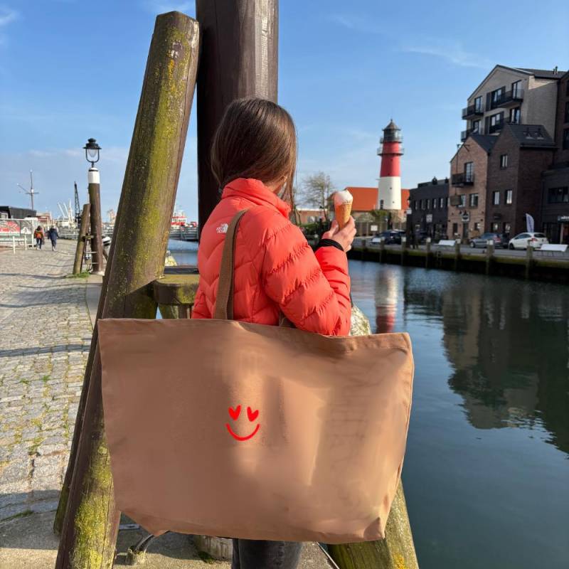 xxl Oversized Canvas Tasche - Strandtasche Shopper Caramel, Anthrazit Oder Khaki Mit Smiley Print Blanko von Glueckmacherei
