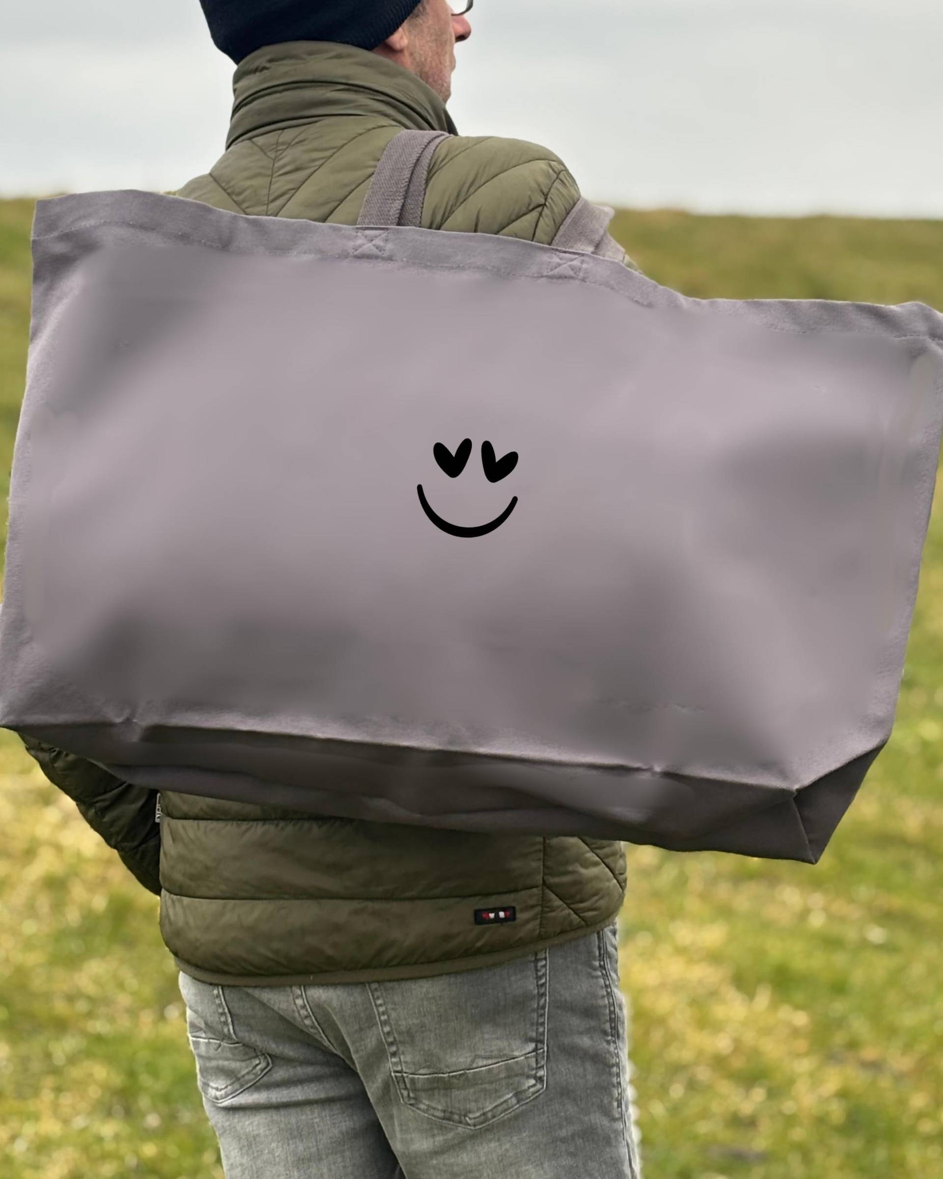 xxl Oversized Canvas Tasche - Strandtasche Shopper Caramel, Anthrazit Oder Khaki Mit Smiley Print Blanko von Glueckmacherei