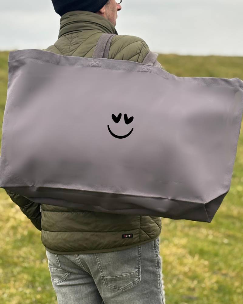 xxl Oversized Canvas Tasche - Strandtasche Shopper Caramel, Anthrazit Oder Khaki Mit Smiley Print Blanko von Glueckmacherei