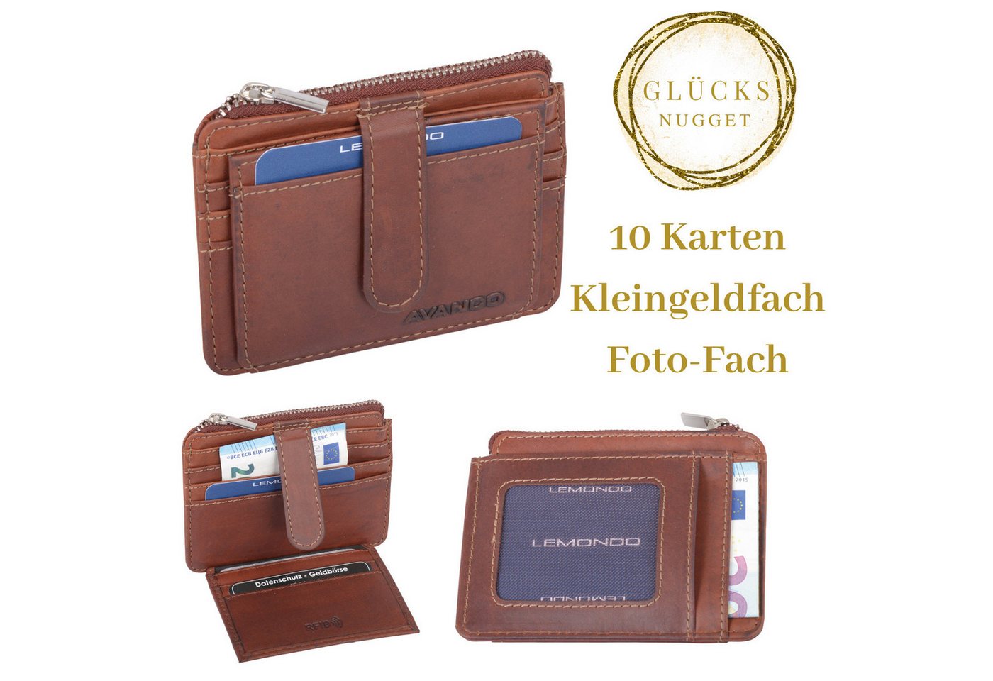 GlücksNugget Kartenetui Elegante Kreditkartentasche aus braunem Leder mit Reißverschlussfach von GlücksNugget