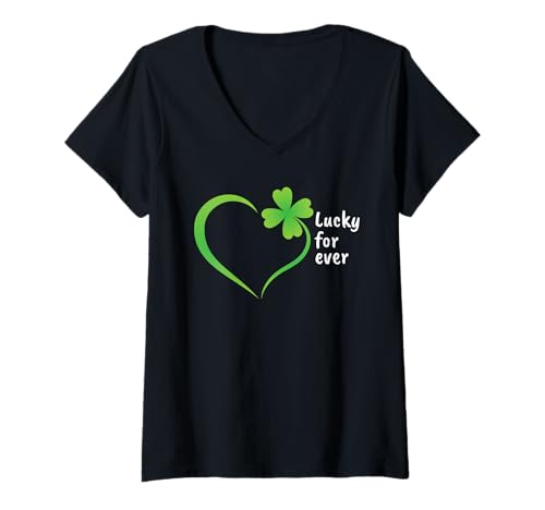 Damen Glückskleeblatt Herz Lucky For Ever Glücklich Für Immer T-Shirt mit V-Ausschnitt Damen Glückskleeblatt Herz Lucky For Ever Glücklich Für Immer T-Shirt mit V-Ausschnitt von Glücksblatt Party & Glücksbringer Geschenkidee