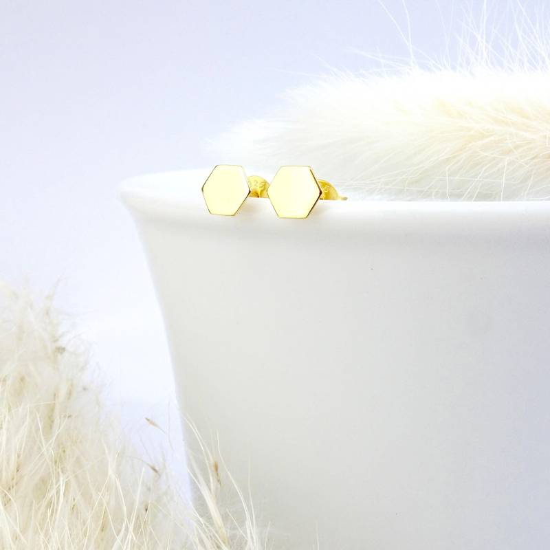 Ohrringe Hexagon Vergoldet, Glänzend. 925 Sterling Silber Minimalistisch. Geschenk Für Sie. Weihnachtsgeschenk von GluecksbringerinShop