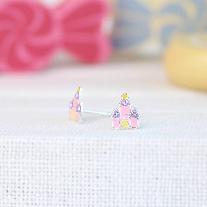 Kinder Ohrringe Schloss Silber. Ohrstecker 925 Sterling Mädchen Schmuck Rosa. Geschenk Für von GluecksbringerinShop