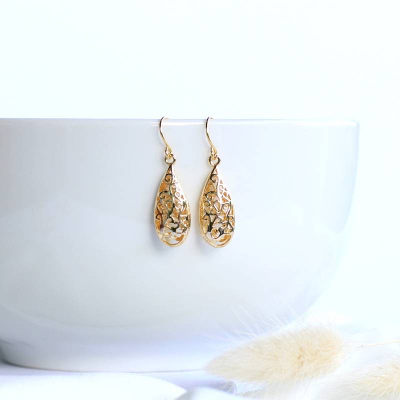 Ohrringe Vergoldet Tropfen Hohl. Ornament Boho Ohrhänger 18K Vergoldet. Geschenk Für Sie von GluecksbringerinShop