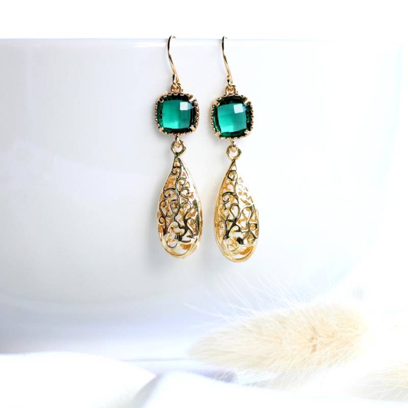 Ohrringe Vergoldete Tropfen. 18K Ohrhänger Smaragd Grün. Geschenk Für Sie von GluecksbringerinShop