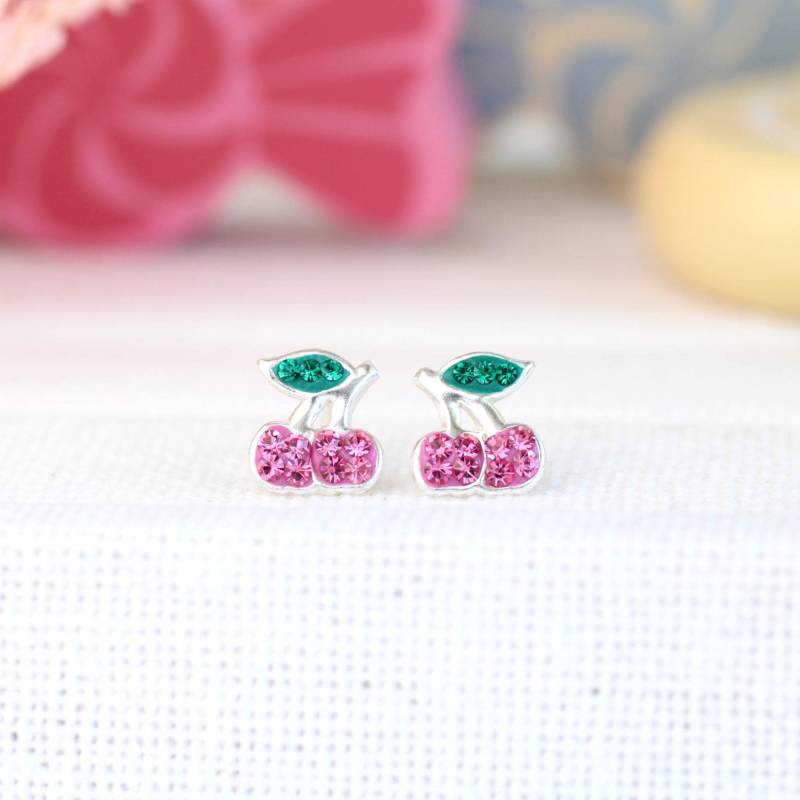 Kinder Ohrringe Silber Kirschen. Ohrstecker 925 Sterling Und Strass. Geschenk Für Mädchen von GluecksbringerinShop