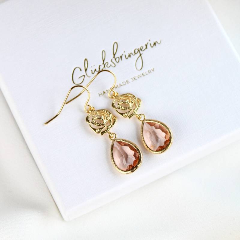 Pfirsich Tropfen Ohrringe Blume Vergoldet. Florale Ohrhänger. Brautohrringe. Hochzeitsschmuck. Geschenk Für Sie von GluecksbringerinShop