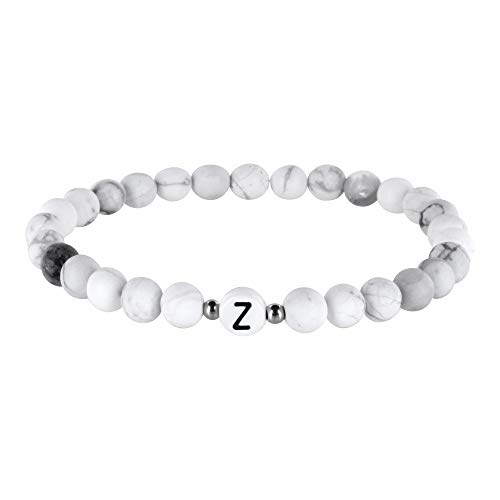 Glückschmiede Perlenarmband mit Buchstaben von A-Z, silberne Zwischenperlen, matt weiß, Freundschaftsarmband, Pärchenarmband, Howlith Naturstein, Perlenkette, Damen, Herren, Kinder (Buchstabe Z) von Glückschmiede