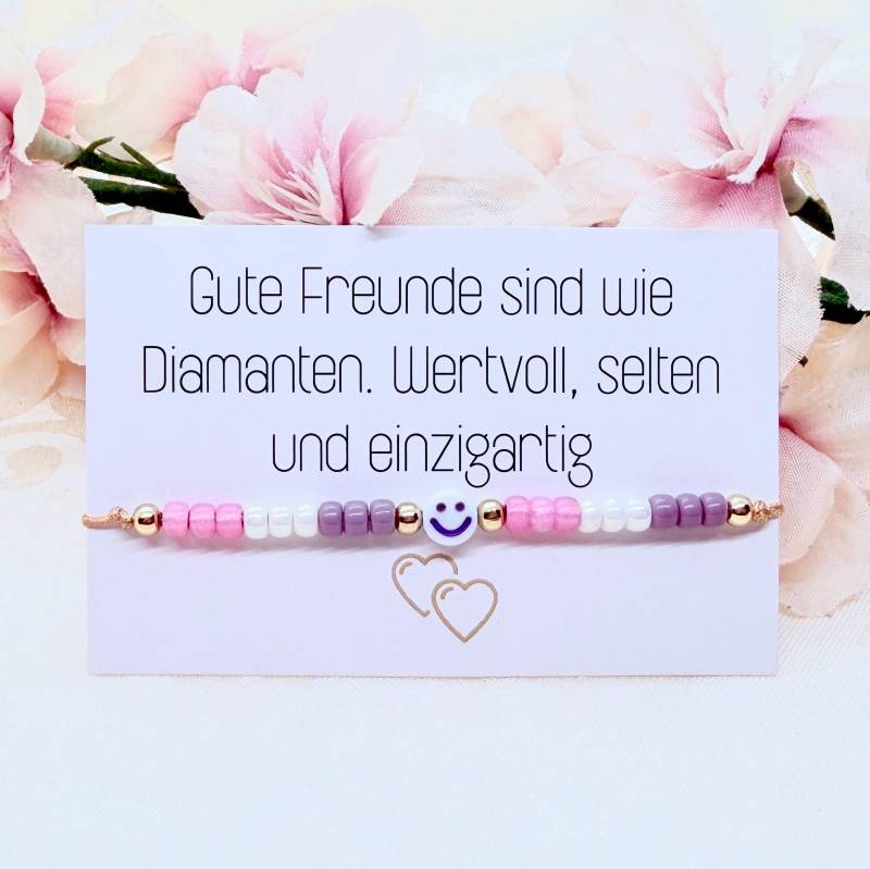Buntes Perlen Armband Mit Smiley Lila - Filigranes Makramee Geschenk Für Mädchen von GluecksengeI