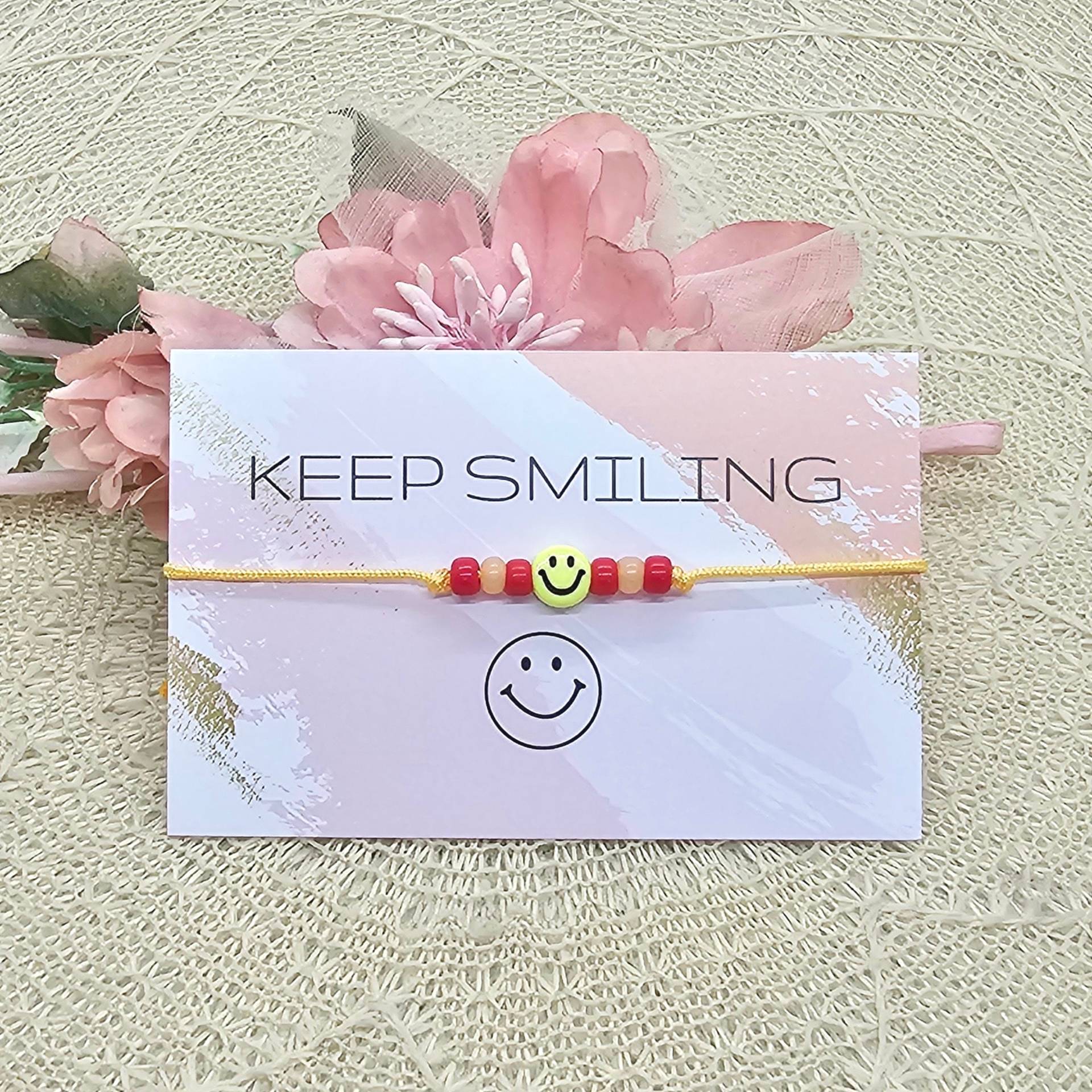 Happy Smiley Makramee Armband Rot Gelb Inkl. Keep Smiling Kärtchen von GluecksengeI