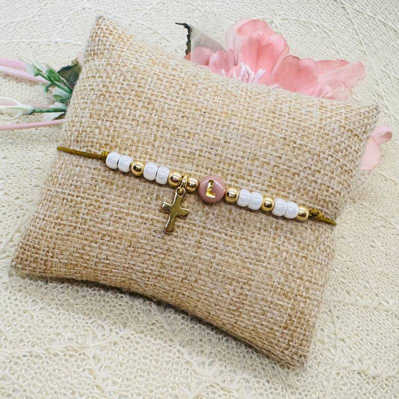 Initial Armband Mit Kreuz Anhänger U. Miyuki Perlen - Filigranes Personalisiert von GluecksengeI