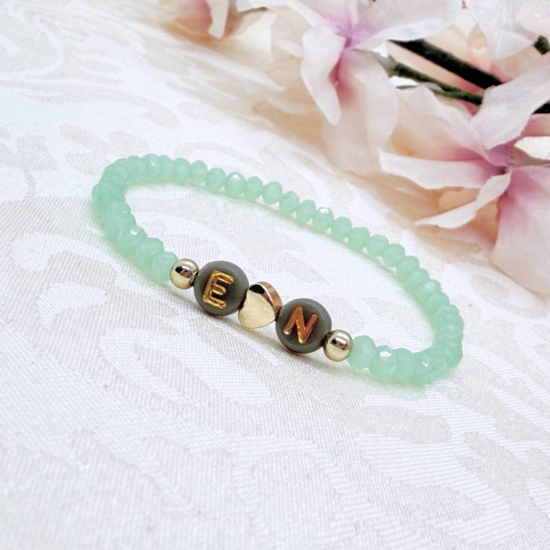 Personalisiertes Perlenarmband Mit Herz Vergoldet - Armband Grün Gold Buchstaben von GluecksengeI