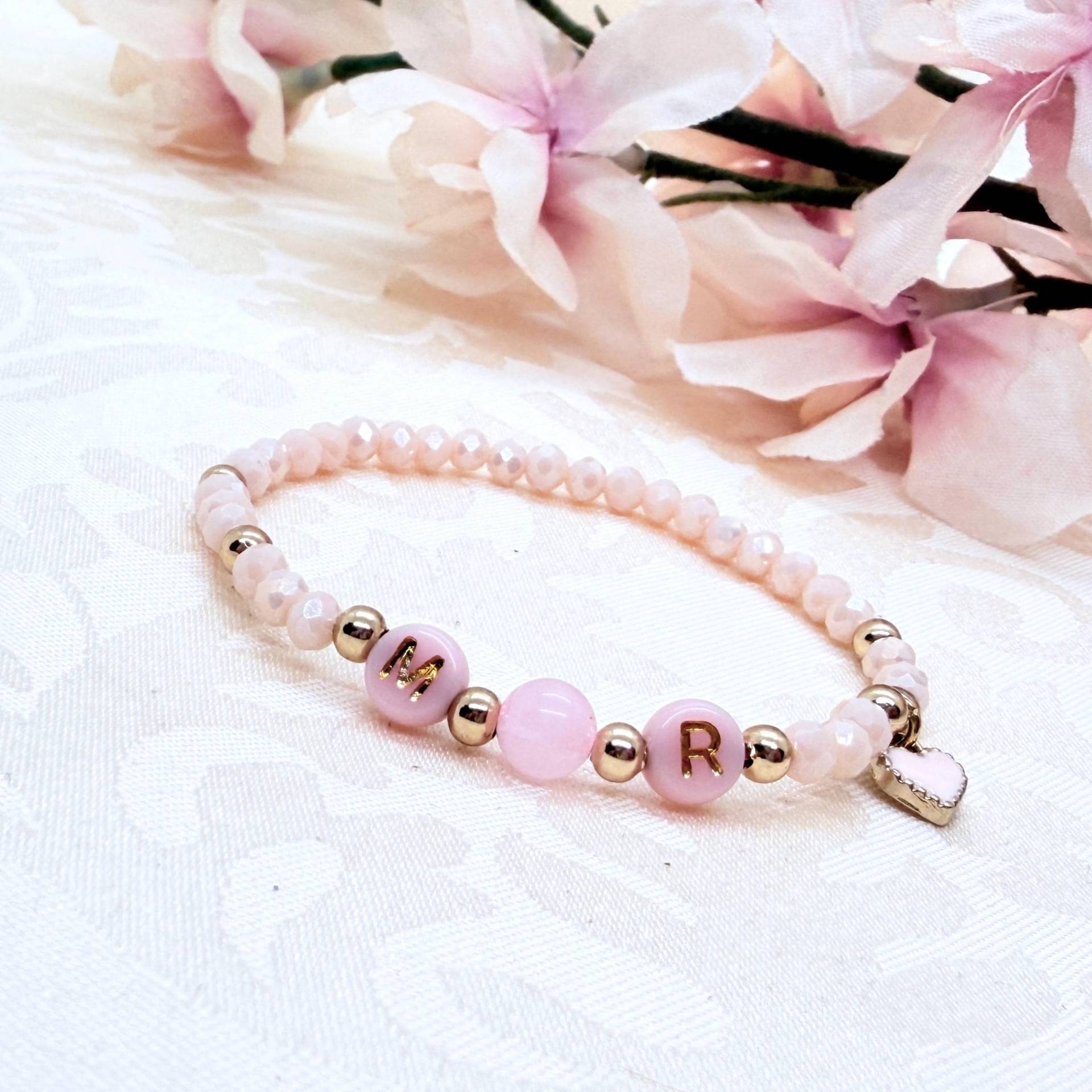 Personalisiertes Perlenarmband Rosé Mit Herz U. Rosenquarz Edelstein - Armband Buchstaben von GluecksengeI