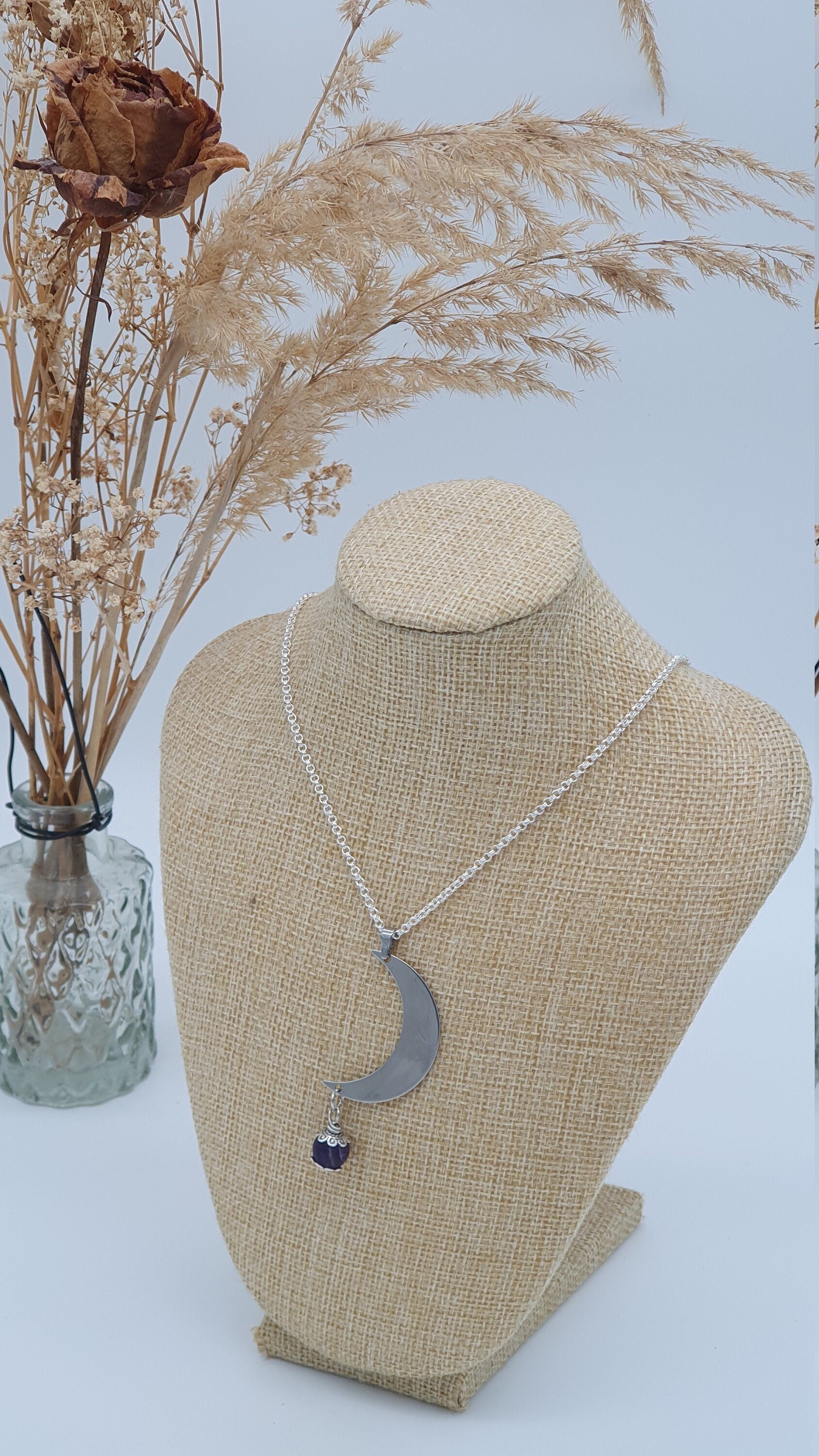 Feine Gliederkette 45 cm Silberfarben Mit Anhänger Halbmond Und Amethystperle Als Spiritueller Modeschmuck Feine Gliederkette 45 cm Silberfarben Mit Anhänger Halbmond Und Amethystperle Als Spiritueller Modeschmuck von GluecksfaserBYcindy