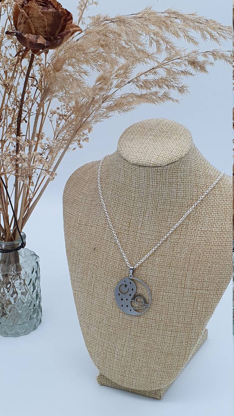 Feine Gliederkette 45 cm Silberfarben Mit Anhänger "Sonne&mond" Als Spiritueller Modeschmuck von GluecksfaserBYcindy