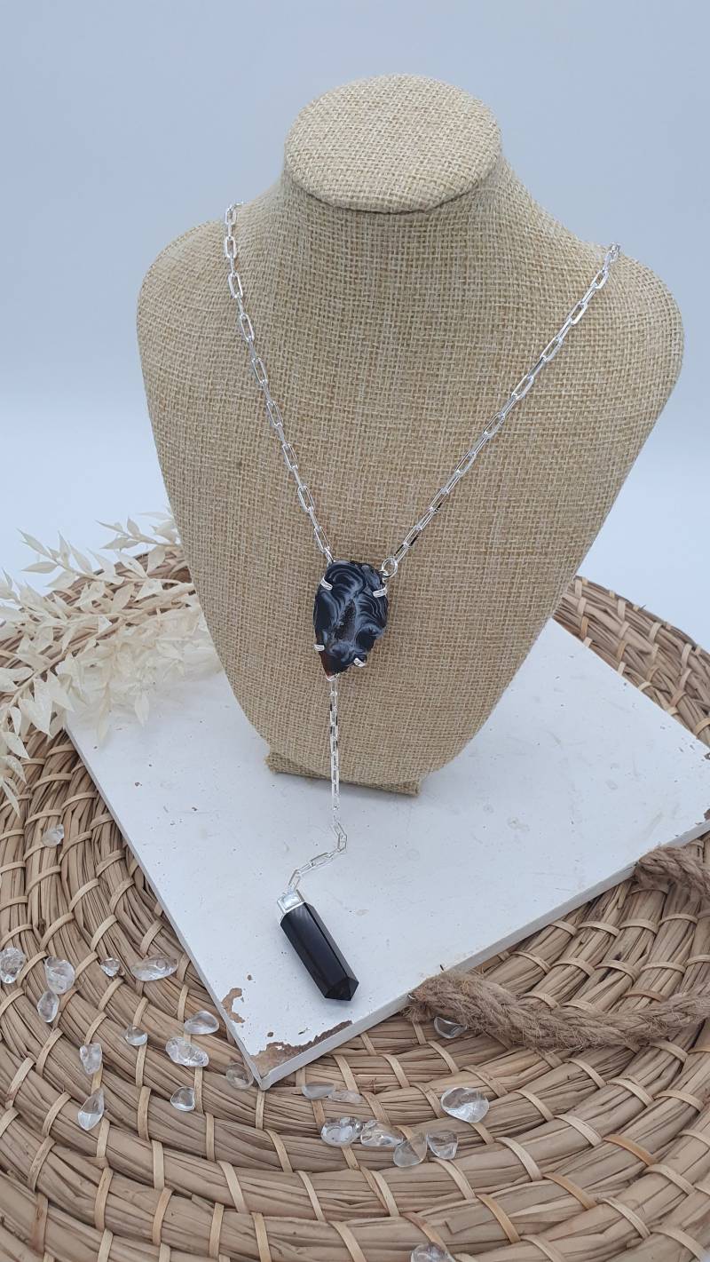 Silberfarbene Gliederkette in Y-Form Mit Anhänger Rauchquarz-Spitze Und Achat-Scheibe 45-50 cm Silberfarbene Gliederkette in Y-Form Mit Anhänger Rauchquarz-Spitze Und Achat-Scheibe 45-50 cm von GluecksfaserBYcindy