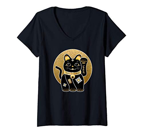 Damen Schwarz Floral Glückskatze Maneki-Neko Japanisch Schutz T-Shirt mit V-Ausschnitt Damen Schwarz Floral Glückskatze Maneki-Neko Japanisch Schutz T-Shirt mit V-Ausschnitt von Glückskatze Maneki-neko Wohlstand Geschenke