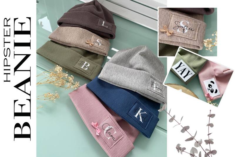 Hipster Beanie Ripp Jersey Personalisiert Mit Emblem Handmade Mütze Baby Kind Erwachsene Geschenk Glücksmariechen von GluecksmariechenShop
