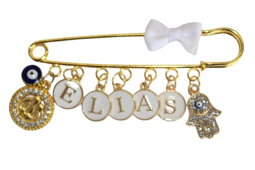 Baby Stecknadel mit Namen Anstecknadel Brosche personalisierte Baby Geschenk Mädchen Junge Glücksbringer Kinderwagen PIN (Allah, Blaue Auge & Hand) von Glücksperle