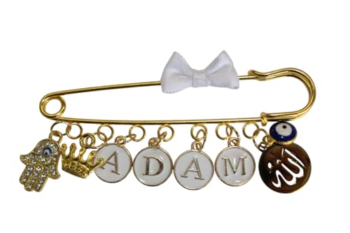 Baby Stecknadel mit Namen Anstecknadel Brosche personalisierte Baby Geschenk Mädchen Junge Glücksbringer Kinderwagen PIN (Blaue Auge, Allah, Hand & Krone) von Glücksperle