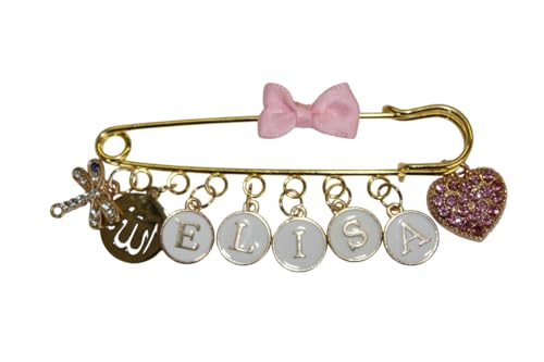 Baby Stecknadel mit Namen Anstecknadel Brosche personalisierte Baby Geschenk Mädchen Junge Glücksbringer Kinderwagen PIN (Rosa Allah Hez Rosa) von Glücksperle