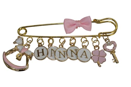 Baby Stecknadel mit Namen Anstecknadel Brosche personalisierte Baby Geschenk Mädchen Junge Glücksbringer Kinderwagen PIN (Rosa Pferd, Baumblatt & Schlüssel) von Glücksperle