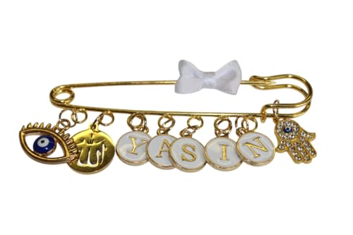 Baby Stecknadel mit Namen Anstecknadel Brosche personalisierte Baby Geschenk Mädchen Junge Glücksbringer Kinderwagen PIN (Weiß Allah blaue Auge & Hand) von Glücksperle