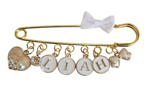 Baby Stecknadel mit Namen Anstecknadel Brosche personalisierte Baby Geschenk Mädchen Junge Glücksbringer Kinderwagen PIN (Weiß Herz & Kätzchen) von Glücksperle