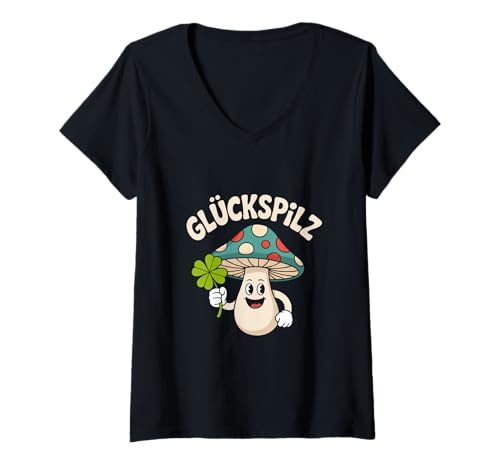 Damen Glückspilz Vierblättriges Kleeblatt Kawaii Pilz T-Shirt mit V-Ausschnitt von Glückspilz Klee Vierblättriges Kleeblatt Cartoon