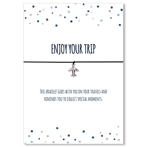 Glücksschmiedin - Reise Geschenk, Glücksbringer Armband mit silberfarbenem Flugzeug-Anhänger und Grußkarte in englisch, handgefertigt von Glücksschmiedin