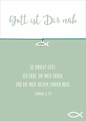 Glücksschmiedin - Christliche Karte mit Segensspruch und Armband in TÜRKIS mit silberfarbenem FISCH-Anhänger, handgefertigt in Deutschland von Glücksschmiedin