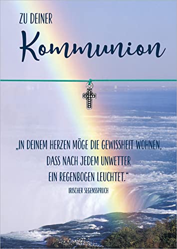 Glücksschmiedin - Erstkommunion Geschenk, christliche Grußkarte mit handgemachtem Armband in TÜRKIS mit silberfarbenem KREUZ-Anhänger von Glücksschmiedin