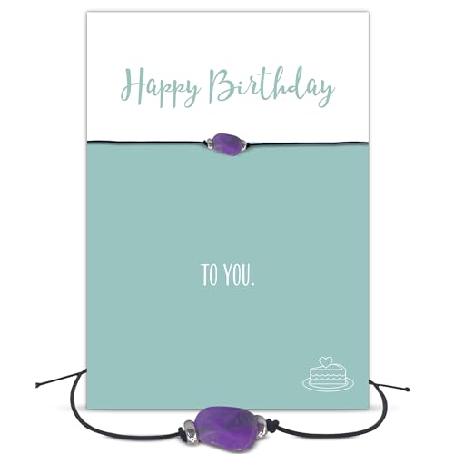 Glücksschmiedin - "Happy Birthday Geschenk, Edelsteinarmband Amethyst mit Geburtstagsgrußkarte, handgefertigt – Süßes Geschenk für Frauen von Glücksschmiedin