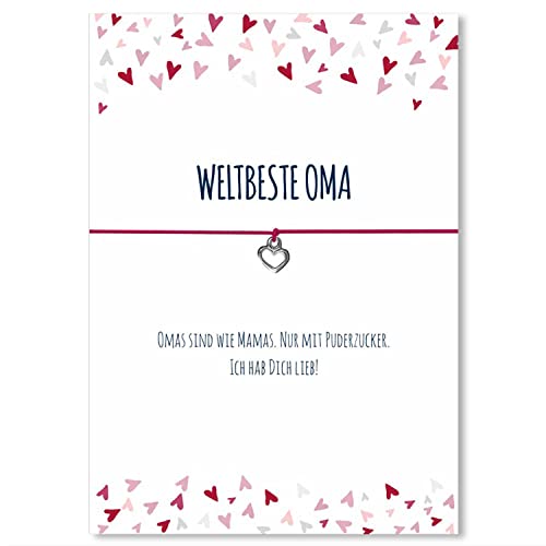 Glücksschmiedin - kleines Geschenk für Schwester, Mutter, Oma, Freundin, Freundschaftsarmband mit Herz Anhänger und Grußkarte, handgefertigt (Oma (pink)) von Glücksschmiedin