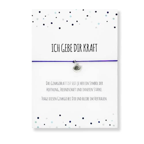 Glücksschmiedin – Kraft Geschenk, elastisches Armband in lila mit silberfarbenem Ginkgo-Anhänger und Grußkarte, handgefertigt (lila mit Ginkgo) von Glücksschmiedin