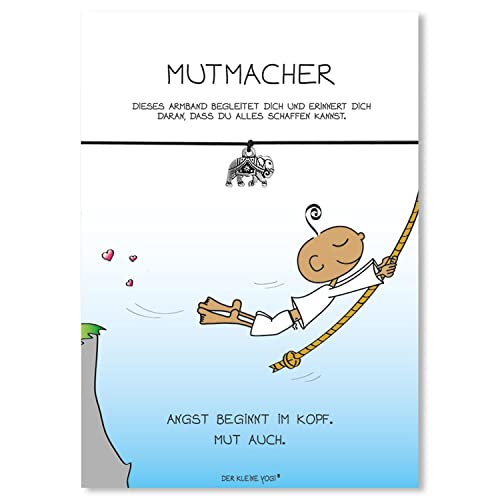 Glücksschmiedin - Motivations Geschenk - der kleine Yogi Mutmacher- Grußkarte mit elastischem Kraft-Armband in SCHWARZ und silberfarbenem ELEFANTEN-Anhänger, handgefertigt von Glücksschmiedin