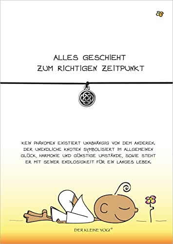 Glücksschmiedin - Motivations Geschenk - der kleine Yogi Richtiger Zeitpunkt- Grußkarte mit elastischem Armband in SCHWARZ und silberfarbenem unendlichem KNOTEN-Anhänger, handgefertigt von Glücksschmiedin