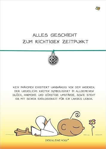 Glücksschmiedin - Motivations Geschenk - der kleine Yogi Richtiger Zeitpunkt - Grußkarte mit elastischem Armband in TÜRKIS und silberfarbenem unendlichem KNOTEN-Anhänger, handgefertigt von Glücksschmiedin