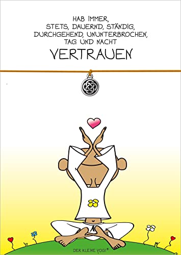 Glücksschmiedin - Mutmacher-Geschenk - der kleine Yogi Vertrauen - Motivations Postkarte mit Kraft-Armband in GELB und silberfarbenem unendlichem KNOTEN-Anhänger, handgefertigt von Glücksschmiedin