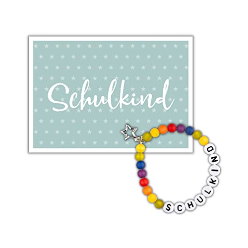 Glücksschmiedin - Schulkind Armband für Mädchen und Jungen, Polarisperlen mit Schulkind-Glasperlen und Stern Anhänger mit Postkarte, handgefertigt von Glücksschmiedin