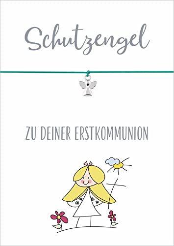 Glücksschmiedin - Schutzengel zur Kommunion mit elastischem Armband in TÜRKIS mit silberfarbenem ENGEL-Anhänger und auf einer Geschenkkarte von Glücksschmiedin