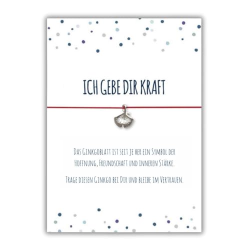 Glücksschmiedin – Spruchkarte „Ich gebe dir Kraft“ mit Wunscharmband & Ginkgo-Anhänger – Mutmacher Geschenk & Glücksbringer für Prüfungen – Handgefertigt in Deutschland von Glücksschmiedin