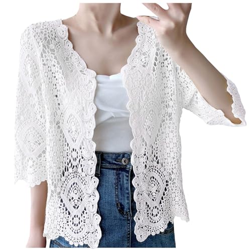 3/4 Ärmel Strickweste Damen Leichte Boho Hippie Häkeln Weste lockere SommerTop Blumenmuster gestrickt Spitze Strand Cardigan einfarbig Strickjacke Vorne Offen Kurze Häkelweste Bluse (White, One Size) von Glücksvogel