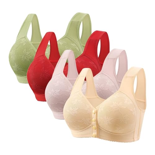 4er Pack BH Damen Ohne Bügel Große Größen Starker Halt Vorne Verschluss BHS Rückenstütze Ungepolstert Bügelloser Klassischer BH Bralette Klassische Funktioneller BHS Brüste Unterwäsche für Alltag von Glücksvogel