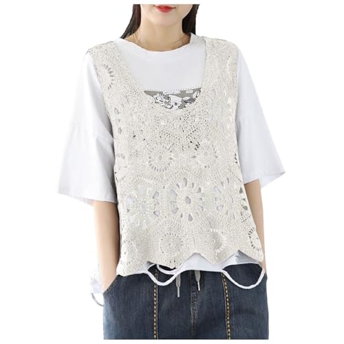 Ärmellose Häkelweste mit langen Quasten, Fransen, Damen SommerBoho Häkel-T-Shirt Boho Hippie Hollow Out Strick Blumenmuster Pullover Top Strand Bluse Cover Up 70er-Jahre, (Beige, One Size) von Glücksvogel